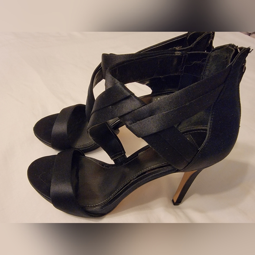 White House Black Market Satin Strappy Black Heels Size 71/2